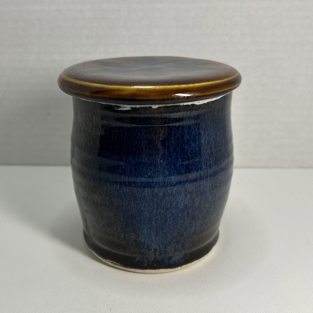 Studio Pottery Artisan French Style Butter Bell Crock Blue Drip Glaze Signed
